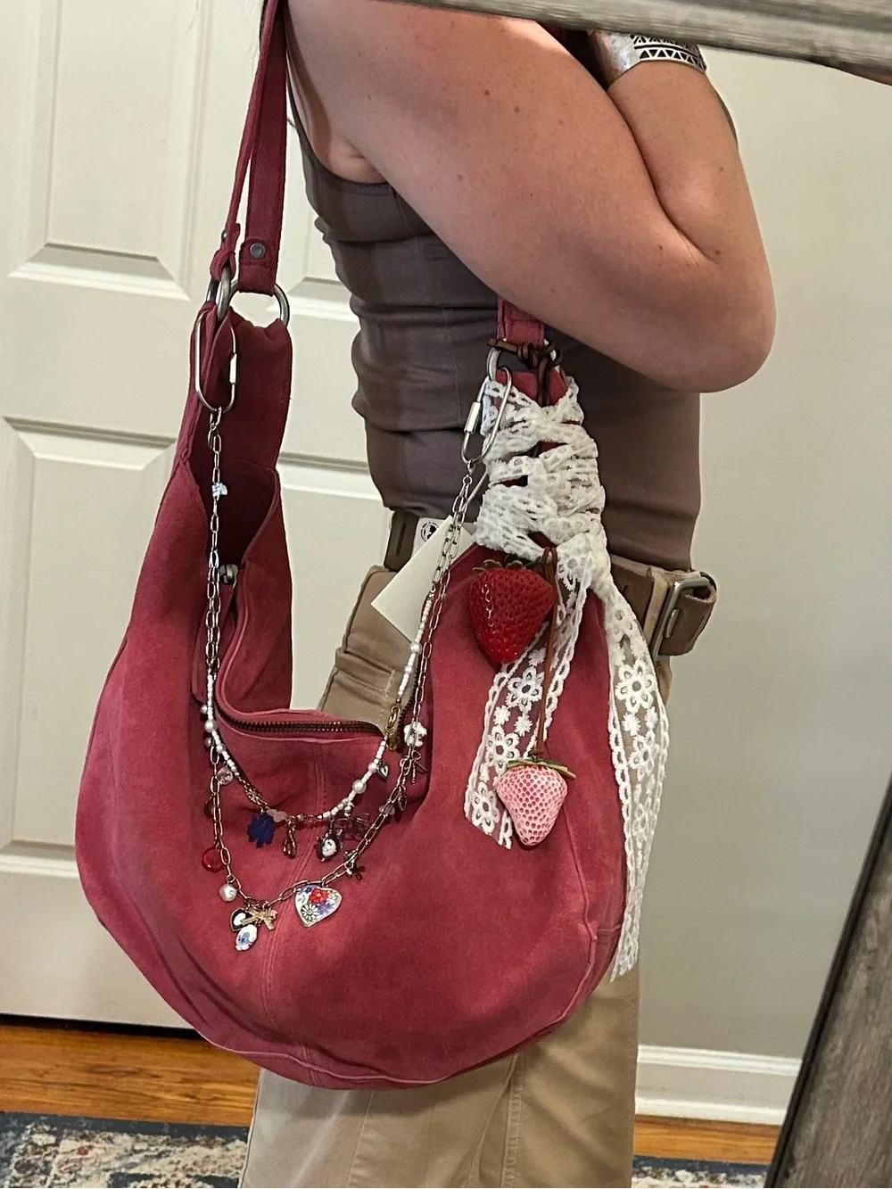 Free People Roma Suede Tote in Raspberry-Maxamillion, Strawberry Charms, & Scarf